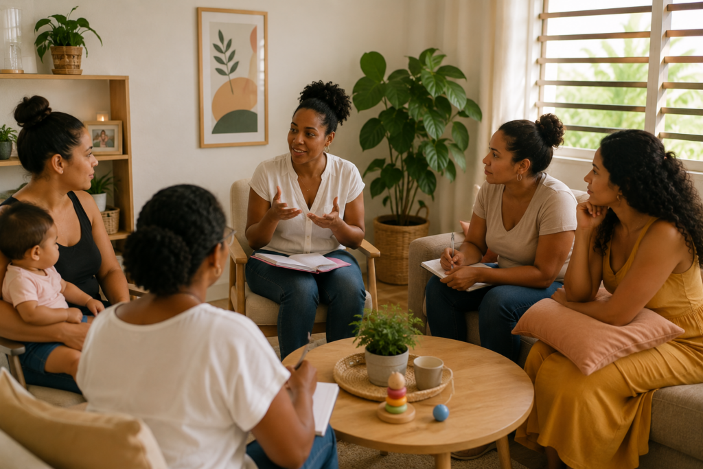 Groupe de femmes participant à un atelier sur la parentalité et échangeant autour de leurs expériences de parents en Guadeloupe.